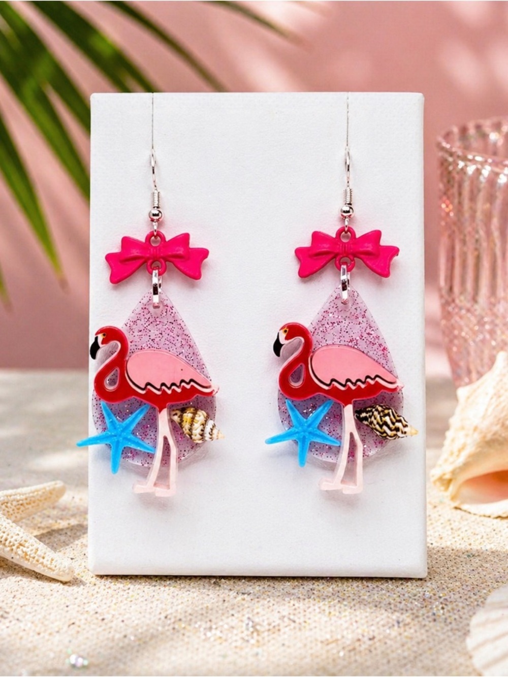 Pink Flamingo Bow Drop Earrings - Handmade